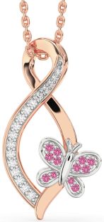 Diamond & Pink Sapphire Rose Gold Silver Infinity Butterfly Necklace