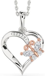 Diamond Platinum & Rose Gold Heart Butterfly Necklace