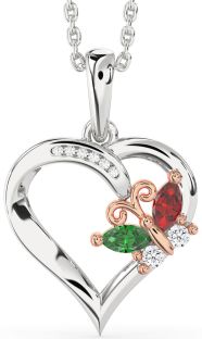 Diamond Emerald & Ruby Rose Gold Silver Heart Butterfly Necklace