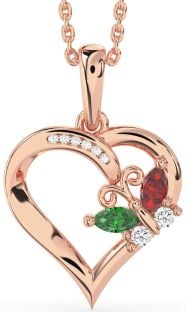 Diamond Emerald & Ruby Rose Gold Silver Heart Butterfly Necklace