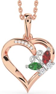 Diamond Emerald & Ruby Rose Gold Silver Heart Butterfly Necklace