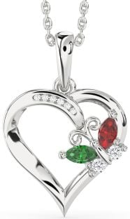 Diamond Emerald & Ruby Platinum Heart Butterfly Necklace