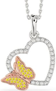 Diamond & Yellow Sapphire Rose Gold Silver Heart Butterfly Necklace