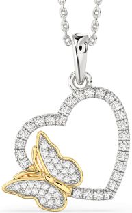 Diamond Silver & 10K gold Heart Butterfly Necklace