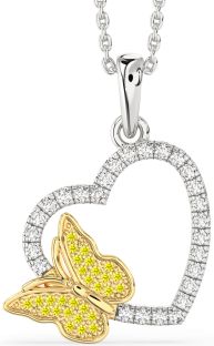 Diamond & Yellow Sapphire Gold Silver Heart Butterfly Necklace