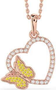Diamond & Yellow Sapphire Rose Gold Silver Heart Butterfly Necklace