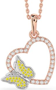 Diamond & Yellow Sapphire Rose Gold Silver Heart Butterfly Necklace