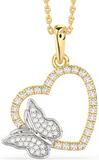 Diamond White Yellow Gold Heart Butterfly Necklace