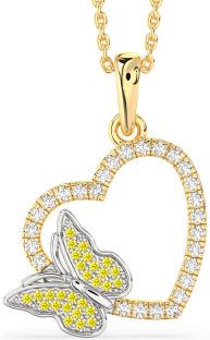 Diamond & Yellow Sapphire Gold Silver Heart Butterfly Necklace