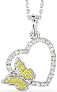 Diamond & Yellow Sapphire Platinum Heart Butterfly Necklace