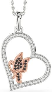 Diamond & Black Onyx Platinum & Rose Gold Heart Butterfly Necklace