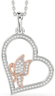 Diamond Silver & 10K Rose Gold Heart Butterfly Necklace