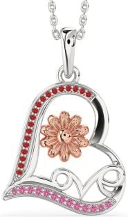 Ruby & Pink Sapphire Platinum & Rose Gold Heart Flower Necklace