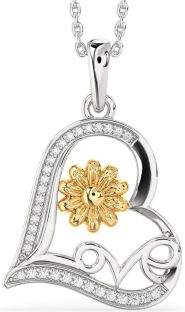 Diamond Silver & 10K gold Heart Flower Necklace
