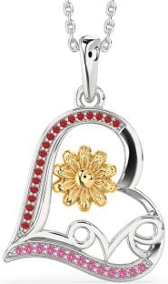 Ruby & Pink Sapphire Platinum & Yellow Gold Heart Flower Necklace