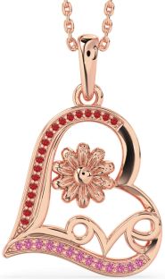 Ruby & Pink Sapphire Rose Gold Heart Flower Necklace