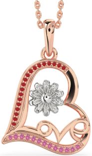 Ruby & Pink Sapphire Platinum & Rose Gold Heart Flower Necklace