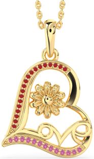 Ruby & Pink Sapphire Gold Heart Flower Necklace