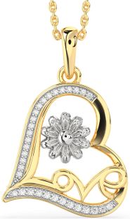 Diamond White Yellow Gold Heart Flower Necklace