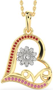 Ruby & Pink Sapphire Platinum & Yellow Gold Heart Flower Necklace