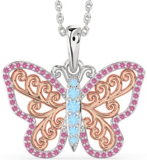 Large Aquamarine & Pink Sapphire Silver & 10K Rose Gold Butterfly Necklace