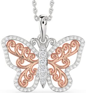 Large Diamond Platinum & Rose Gold Butterfly Necklace