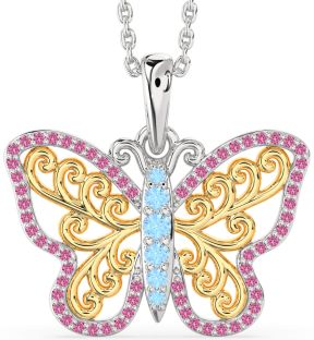 Large Aquamarine & Pink Sapphire Silver & 10K gold Butterfly Necklace