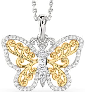 Large Diamond Platinum & Yellow Gold Butterfly Necklace