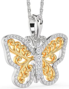 Large Diamond Silver & 10K gold Butterfly Necklace