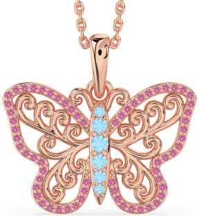 Large Aquamarine & Pink Sapphire Rose Gold Butterfly Necklace