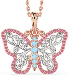 Large Aquamarine & Pink Sapphire Platinum & Rose Gold Butterfly Necklace