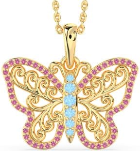 Large Aquamarine & Pink Sapphire Gold Butterfly Necklace