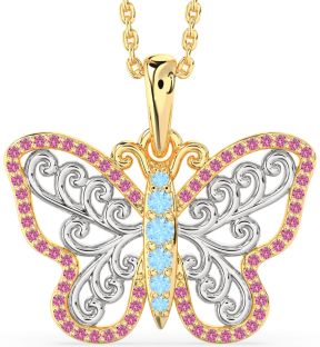 Large Aquamarine & Pink Sapphire Platinum & Yellow Gold Butterfly Necklace