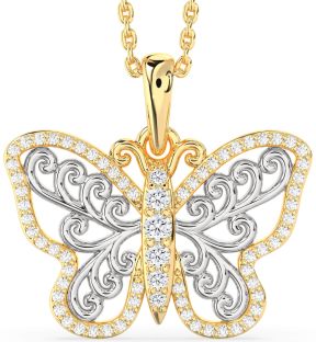 Large Diamond Platinum & Yellow Gold Butterfly Necklace
