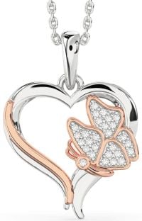 Diamond Platinum & Rose Gold Heart Butterfly Necklace