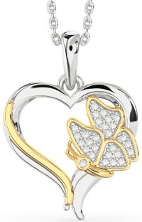 Diamond Silver & 10K gold Heart Butterfly Necklace