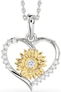 Diamond Silver & 10K gold Heart Sunflower Necklace