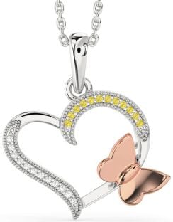 Yellow Diamond Platinum & Rose Gold Heart Butterfly Necklace