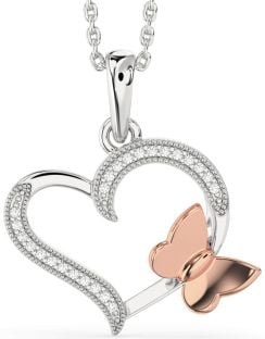 Diamond Platinum & Rose Gold Heart Butterfly Necklace