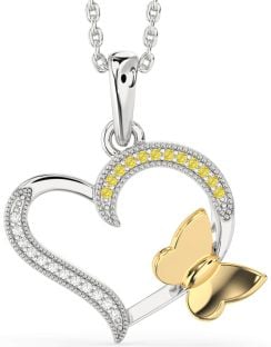 Yellow Diamond Platinum & Yellow Gold Heart Butterfly Necklace