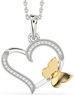 Diamond Silver & 10K gold Heart Butterfly Necklace