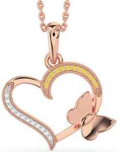 Yellow Diamond Platinum & Rose Gold Heart Butterfly Necklace