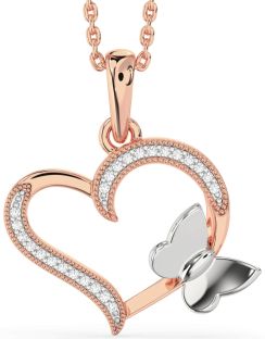 Diamond White Rose Gold Heart Butterfly Necklace