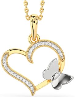 Diamond White Yellow Gold Heart Butterfly Necklace