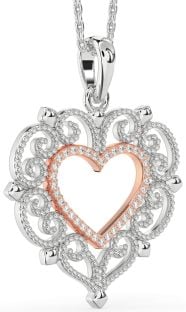 Large Diamond Silver & 10K Rose Gold Heart Necklace