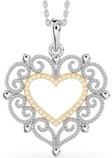 Large Diamond Silver & 10K gold Heart Necklace