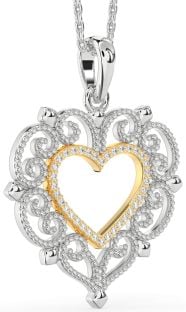 Large Diamond Silver & 10K gold Heart Necklace