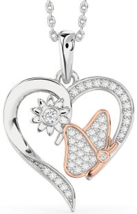 Diamond Platinum & Rose Gold Heart Butterfly Flower Necklace