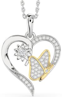 Diamond Silver & 10K gold Heart Butterfly Flower Necklace
