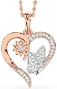 Diamond White Rose Gold Heart Butterfly Flower Necklace